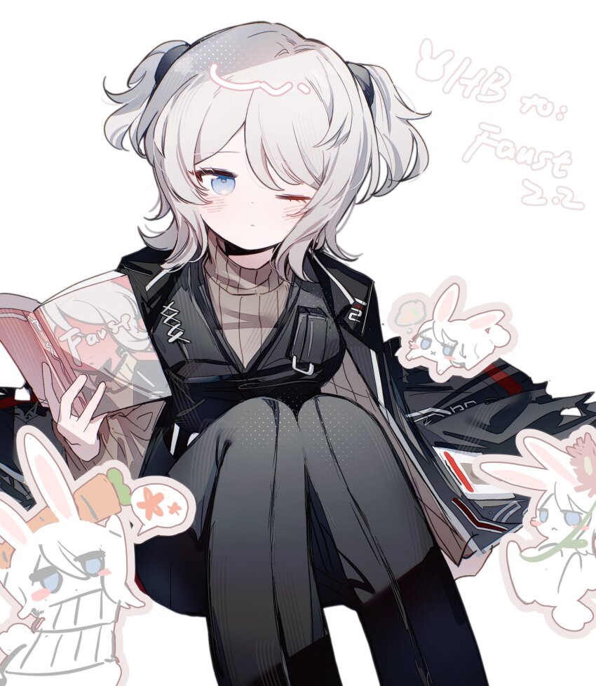 1girl, animal_ears, black_jacket, black_pants, blue_eyes, blush, book, breasts