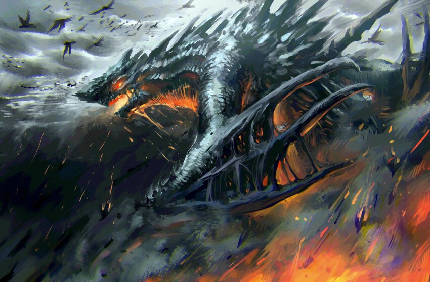 bird, commentary_request, dragon, falling, fire, glowing, glowing_eyes, gogmazios