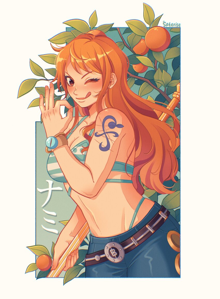 1girl, 2026, ;q, absurdres, artist_name, bangle, bare_shoulders, belt, bikini, bikini_top_only, bikini_under_clothes, blue_pants, blush, bracelet, breasts, brown_eyes, character_name, cleavage, clima-tact, closed_mouth, commentary, cowboy_shot, denim, food, fruit, green_bikini, highleg, highleg_bikini, highres, jeans, jewelry, large_breasts, log_pose, long_hair, looking_at_viewer, mandarin_orange, money_gesture, nami_(one_piece), nami_(one_piece)_(return_to_sabaody), navel, one_eye_closed, one_piece, orange_hair, orange_tree, outside_border, pants, panty_straps, saterise, scar, scar_on_shoulder, shoulder_tattoo, single_sidelock, smile, solo, stomach, striped_bikini, striped_clothes, swimsuit, tattoo, tongue, tongue_out, wavy_hair
