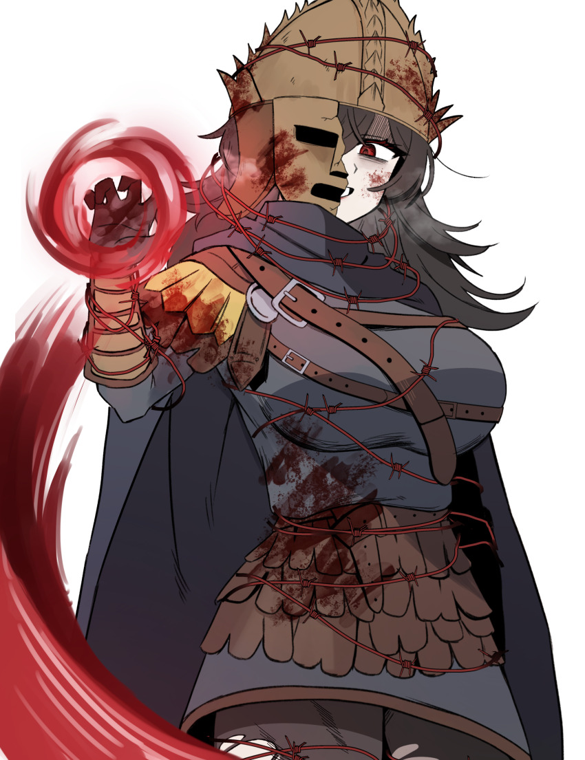 1girl, absurdres, bell_bearing_hunter_(elden_ring), belt, blood, blood_on_clothes, blood_on_face, blood_on_hands