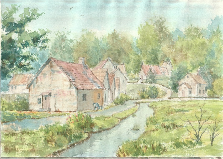 bare_bush, bench, commentary_request, cotswolds, england, flower_bush, house, landscape, no_humans, original, painting_(medium), paruperu, real_world_location, scenery, simple_bird, stream, traditional_media, tree, united_kingdom, village, watercolor_(medium)