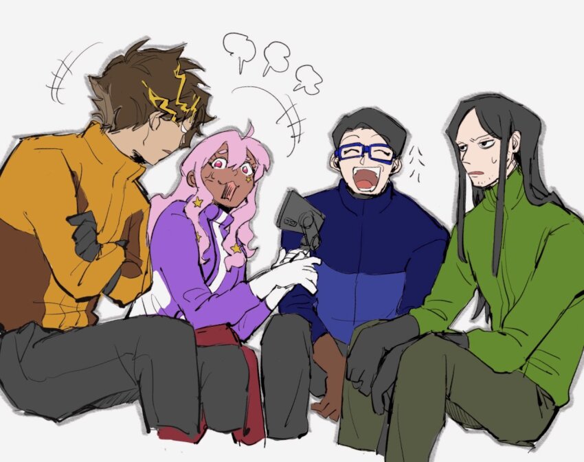 +++, 1girl, 3boys, anger_vein, angry, arguing, beard_stubble, black_gloves, black_hair, black_pants, blue_jacket, brown_gloves, brown_hair, cellphone, commentary_request, cropped_legs, crossed_arms, dark-skinned_female, dark_skin, ebetan_(napoli_no_otokotachi), electricity, facial_hair, frown, furrowed_brow, glasses, gloves, green_jacket, green_pants, gyaru, holding, holding_phone, invisible_chair, jacket, kuwana_(kuwanner_8), kyouki_sanmyaku_~jashin_no_itadaki~, laughing, long_hair, long_sleeves, looking_at_another, multiple_boys, napoli_no_otokotachi, open_mouth, orange_jacket, pants, parted_bangs, phone, pink_eyes, pink_hair, puff_of_air, purple_jacket, selfie_stick, shiumi_saburou, short_hair, simple_background, sitting, small_sweatdrop, smartphone, smile, stubble, sugiyama_tetsushin, white_background, white_gloves, yagiyama_(napoli_no_otokotachi)