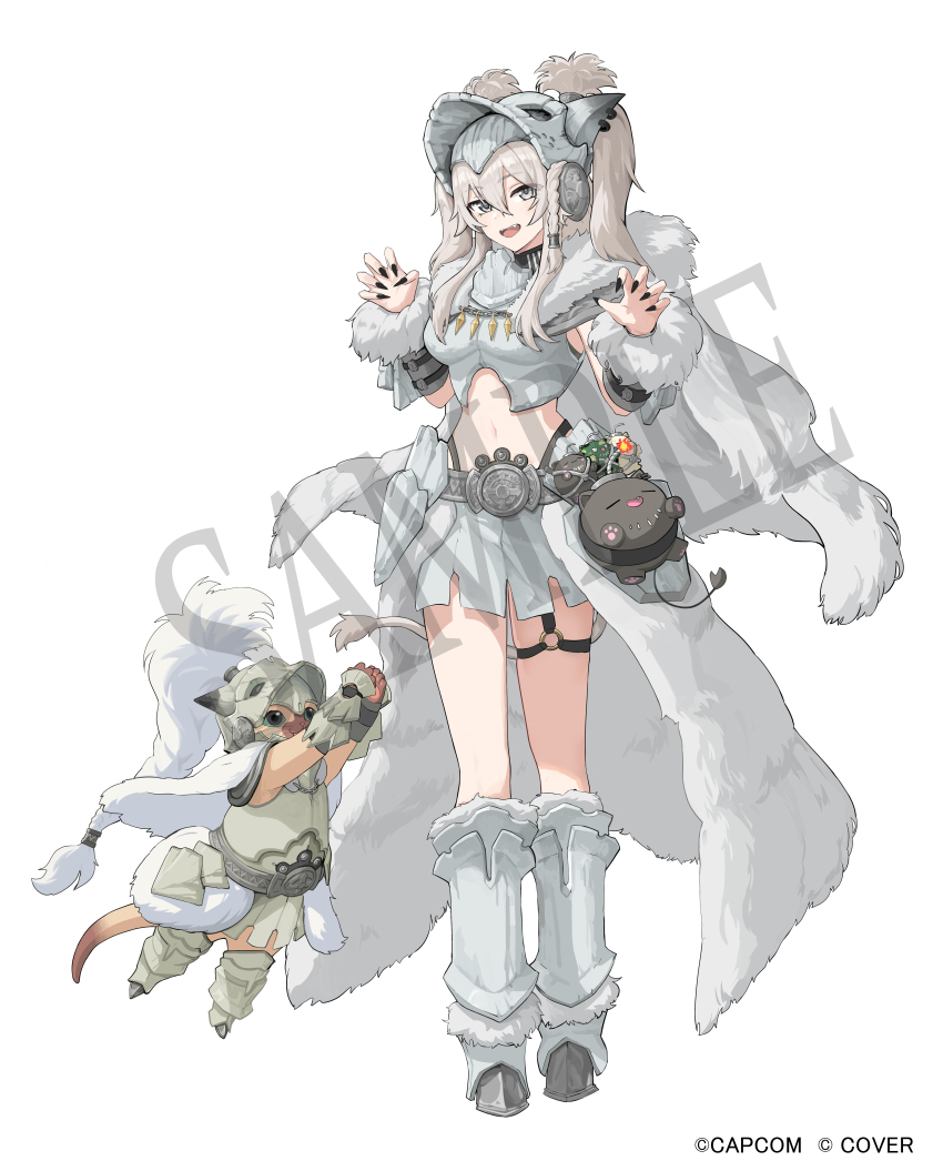 1girl, absurdres, animal_ears, arkveld_(palico_armor), armor, armored_boots, black_nails, boots, breastplate, breasts, cho_gum, claw_pose, cloak, commentary_request, cosplay, crossover, felyne, fingernails, full_body, fur-trimmed_boots, fur-trimmed_bracer, fur-trimmed_cloak, fur_cloak, fur_skirt, fur_trim, grey_eyes, grey_hair, hair_ornament, half-skirt, helmet, highres, hololive, horn_piercing, lion_ears, lion_girl, lion_tail, long_fingernails, long_hair, looking_at_viewer, miniskirt, monster_hunter_(series), monster_hunter_wilds, nail_polish, navel, o-ring, o-ring_thigh_strap, official_alternate_costume, official_art, open_mouth, player_palico, player_palico_(cosplay), sample_watermark, shishiro_botan, sidelocks, skirt, smile, ssrb_(shishiro_botan), standing, stomach, tail, teeth, thigh_strap, twintails, two_side_up, upper_teeth_only, virtual_youtuber, watermark, white_background, white_skirt