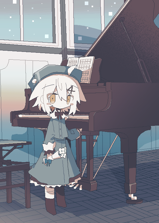 1girl, ahoge, beret, black_bow, black_bowtie, black_shoes, blush_stickers, bow