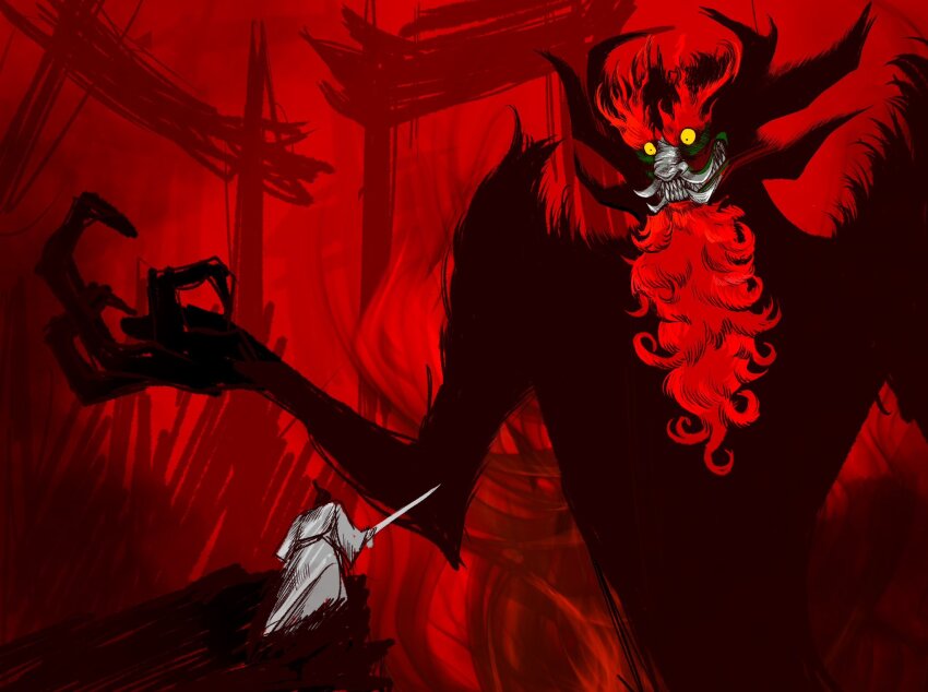 2boys, aku_(samurai_jack), beard, commentary_request, confrontation, demon, facial_hair, fiery_beard, fiery_eyebrows, highres, horns, humbucker_7, japanese_clothes, kimono, korean_commentary, multiple_boys, multiple_horns, red_facial_hair, samurai, samurai_jack, samurai_jack_(character), shadow_monster, shoulder_spikes, spikes, tusks, white_kimono, yellow_eyes