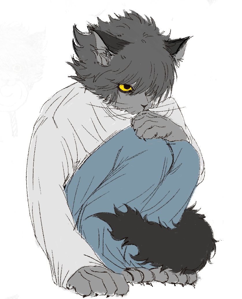 animal_ears, animal_feet, animal_hands, animal_nose, black_eyes, black_tail, blue_pants, cat_boy, cat_ears, cat_tail, colored_sclera, commentary, death_note, full_body, furrification, furry, grey_hair, humbucker_7, l_(death_note), long_sleeves, pants, shirt, short_hair, simple_background, sitting, tail, untranslatable_commentary, whiskers, white_background, white_shirt, yellow_sclera
