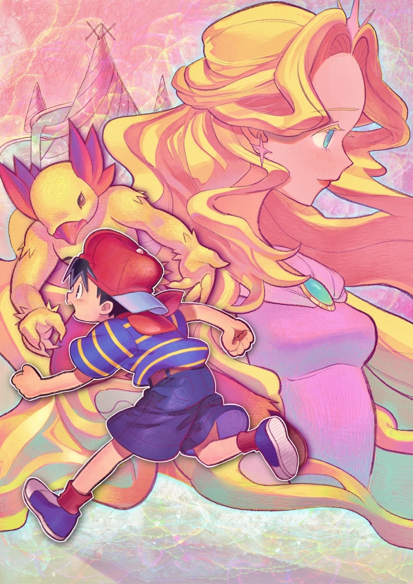 1girl, 2boys, :o, backwards_hat, black_hair, blonde_hair, blue_eyes, blue_shirt