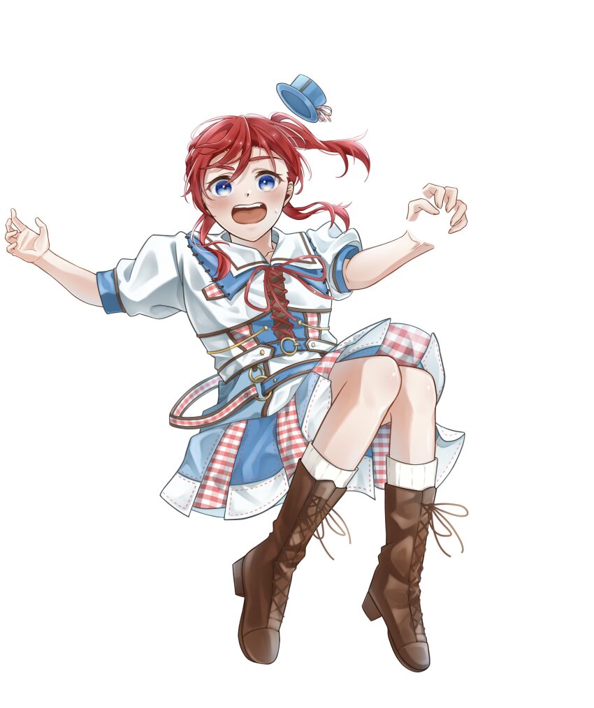 1girl, absurdres, blue_eyes, blue_hat, boots, brown_boots, commentary_request, full_body