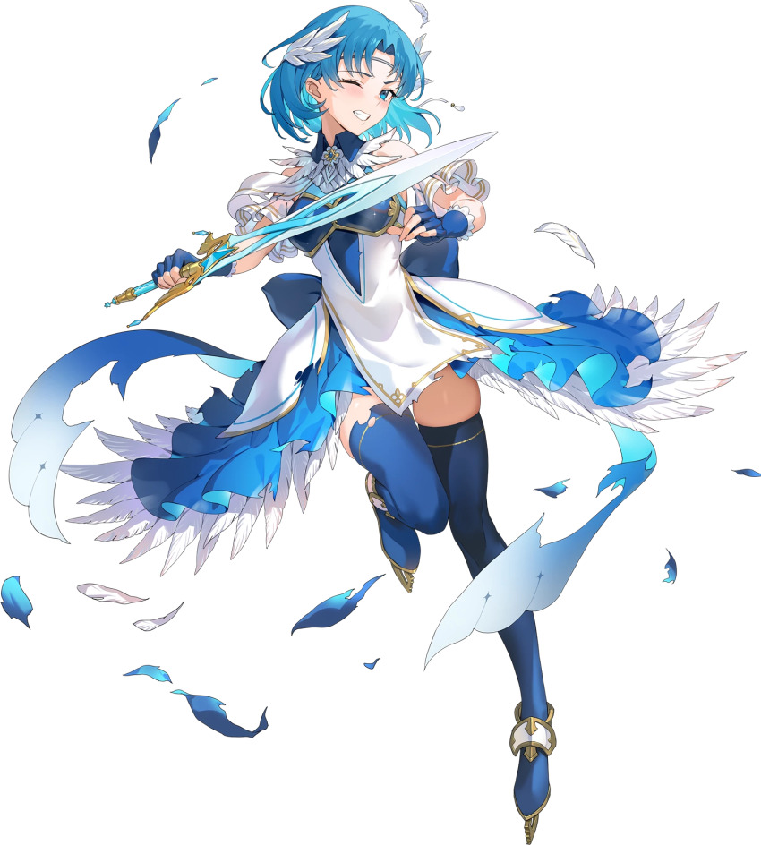 1girl, armor, blue_boots, blue_dress, blue_eyes, blue_gloves, blue_hair, boots