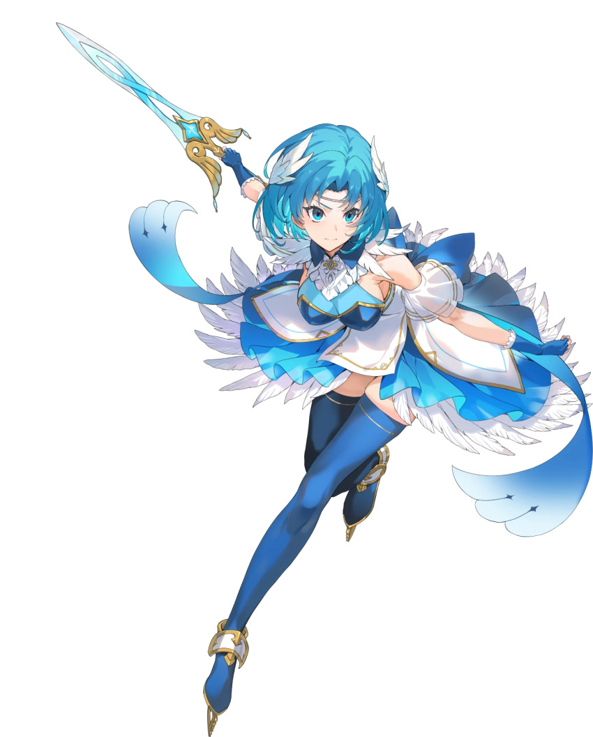 1girl, armor, blue_boots, blue_dress, blue_eyes, blue_gloves, blue_hair, boots