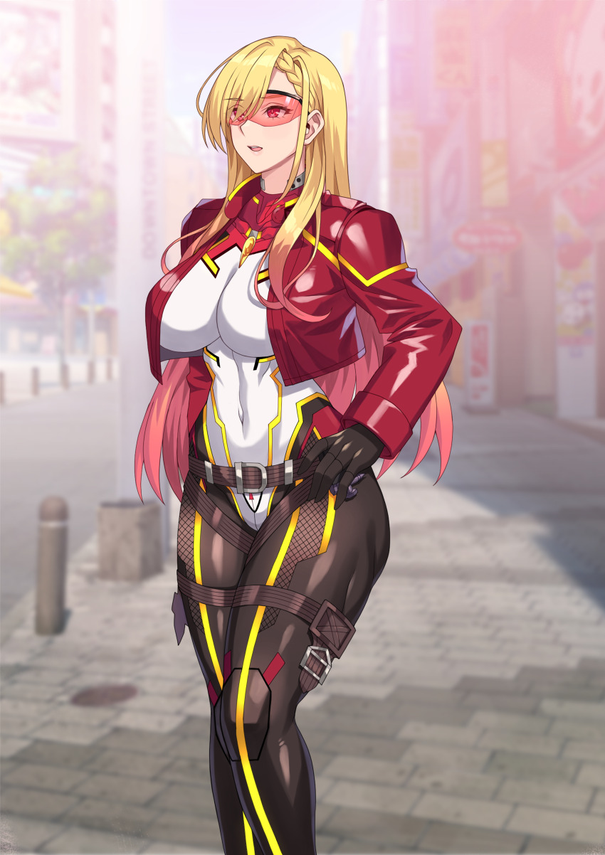 1girl, absurdres, blonde_hair, bodysuit, braid, breasts, commentary_request, covered_navel