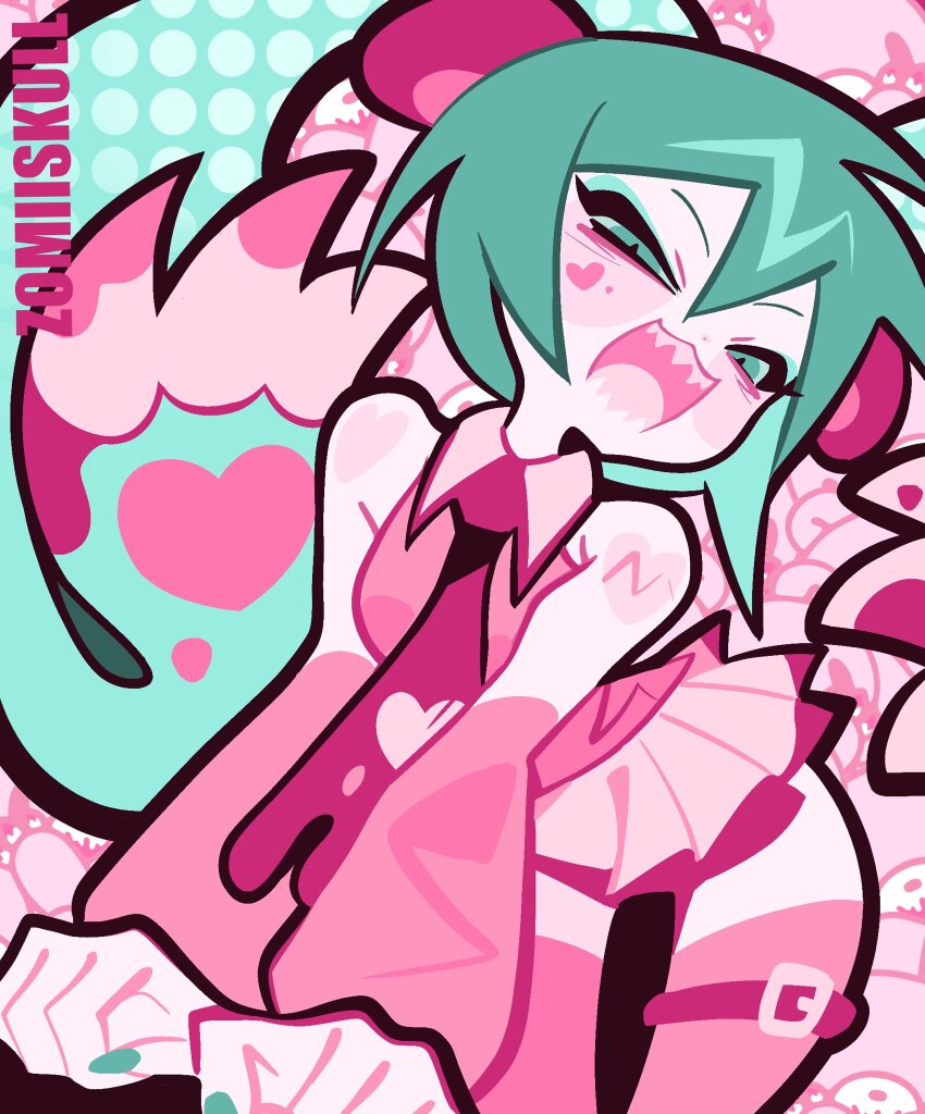 aqua_eyes, aqua_hair, aqua_nails, bear_paws, blush, commentary, crybabybuno, detached_sleeves, gloomy_bear, hair_between_eyes, hair_ornament, hatsune_miku, heart, heart_tattoo, highres, limited_palette, looking_at_viewer, open_mouth, pink_skirt, pink_thighhighs, sharp_teeth, shirt, skirt, sleeveless, sleeveless_shirt, tattoo, teeth, thighhighs, twintails, vocaloid