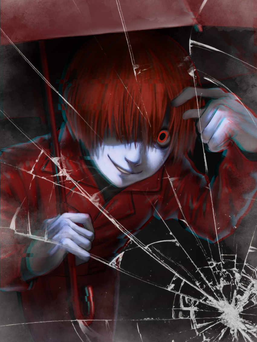 1boy, absurdres, blood, coat, commentary_request, crack, glitch, grin