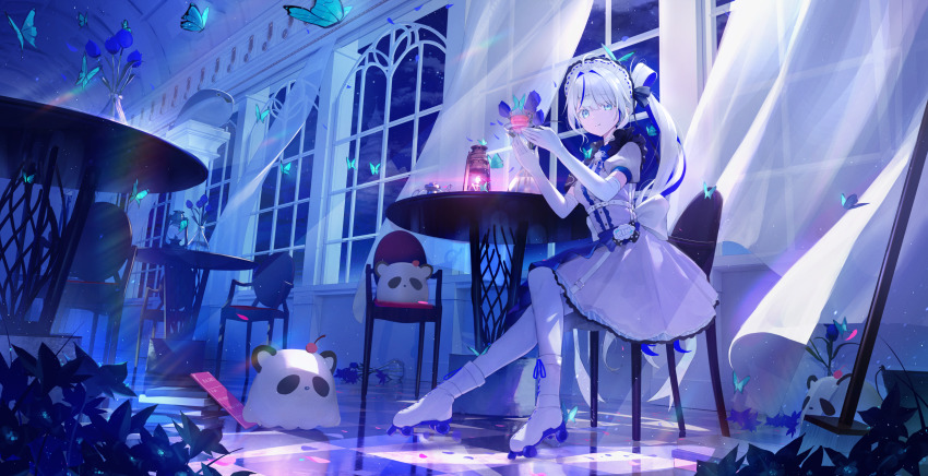 1girl, absurdres, ahoge, aokumo_rin, arched_window, blue_eyes, blue_flower, blue_sky