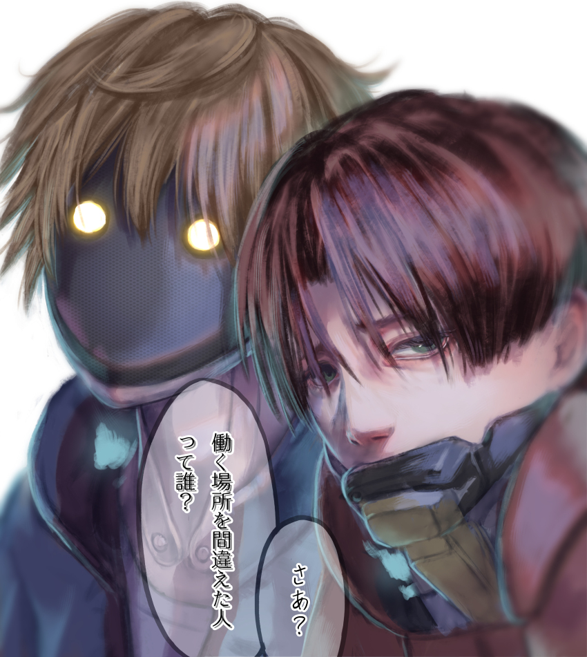 2boys, absurdres, brown_hair, commentary_request, cyborg, glowing, glowing_eyes, green_eyes