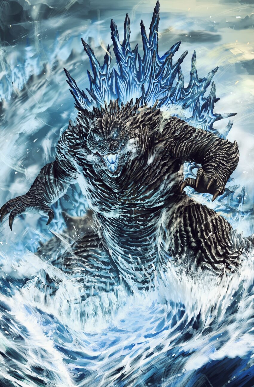 1other, breath, claws, dinosaur, dorsal_fin, giant, giant_monster, glowing, glowing_eyes, glowing_mouth, glowing_spikes, glowing_spines, godzilla, godzilla_(series), godzilla_minus_one, highres, kaiju, monster, monster_focus, sea_monster, solo, spikes, subbaru, tail, toho, water