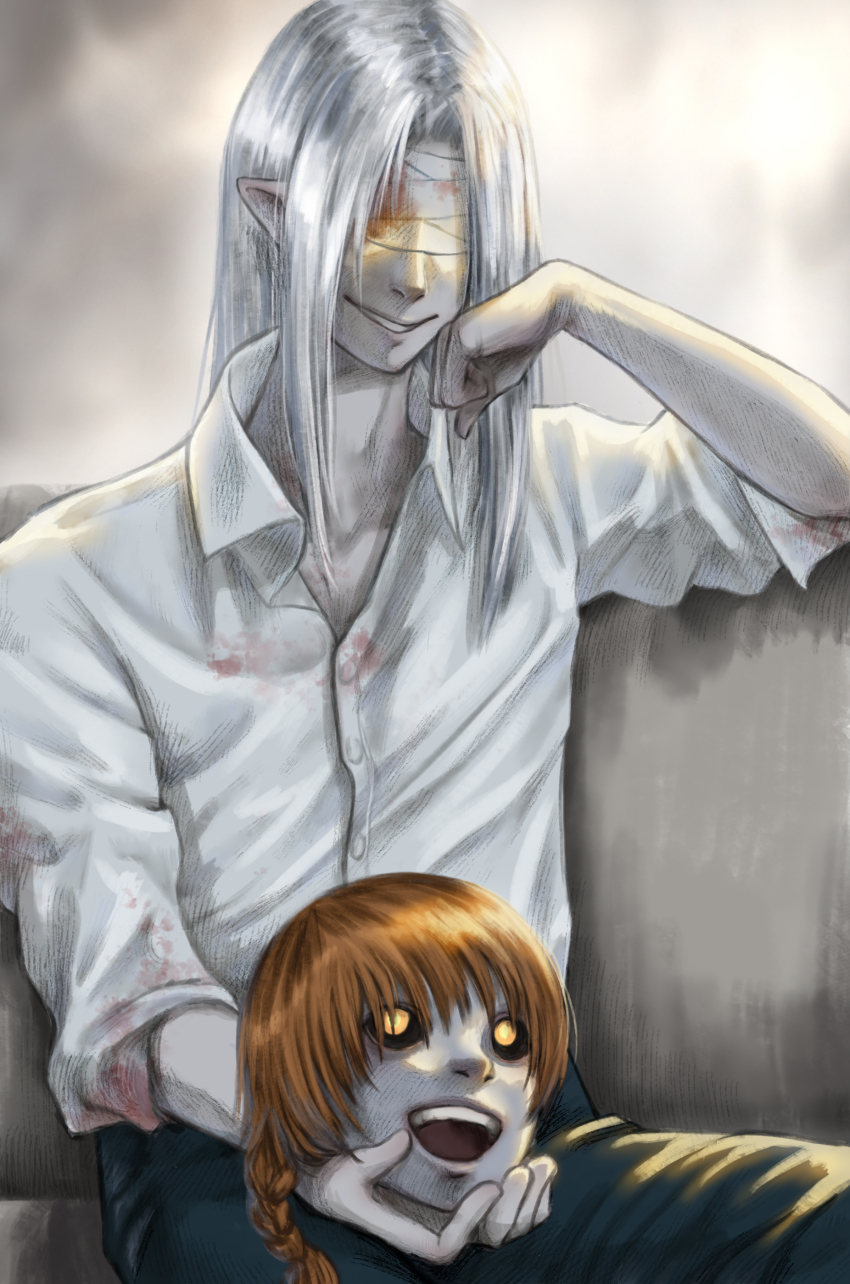 2boys, :o, absurdres, black_sclera, blindfold, braid, brown_hair, colored_sclera, commentary_request, disembodied_head, grin, hand_up, highres, homicipher, mame3, mr._chopped, mr._silvair, multiple_boys, pale_skin, shirt, sitting, smile, white_hair, white_shirt, yellow_eyes