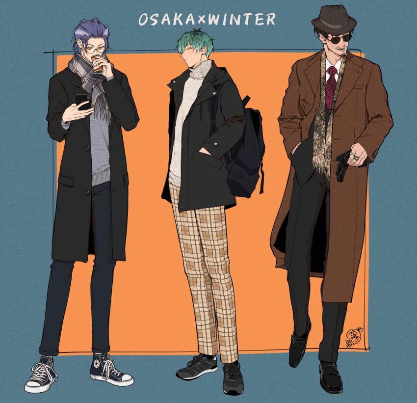 3boys, :o, adam's_apple, alternate_costume, amayado_rei, antenna_hair, aqua_hair, backpack