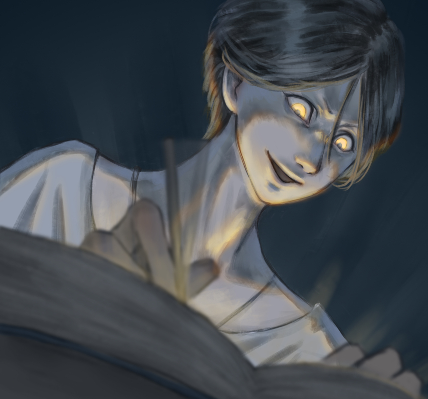 1boy, absurdres, black_hair, book, commentary_request, glowing, glowing_eyes, grin, hair_between_eyes, highres, mame3, meguriya_ayumu, motion_blur, open_book, smile, toshi_densetsu_kaitai_center, writing, yellow_eyes