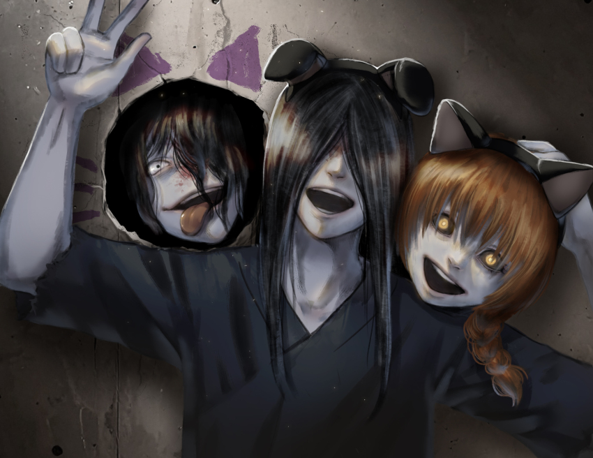3boys, :d, animal_ears, black_hair, black_sclera, braid, brown_hair, colored_sclera, commentary_request, disembodied_head, fake_animal_ears, guro, hair_over_eyes, hair_over_one_eye, highres, homicipher, horror_(theme), long_hair, male_focus, mame3, mr._chopped, mr._crawling, mr._gap, multiple_boys, open_mouth, severed_head, smile, tongue, tongue_out, upper_body, v, very_long_hair, yellow_eyes