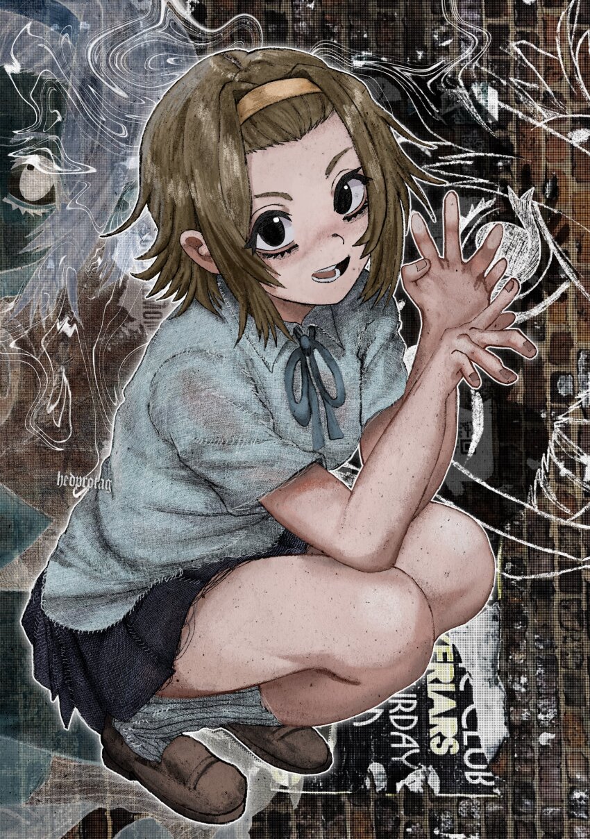 1girl, abstract_background, absurdres, black_eyes, blue_ribbon, brick_wall, brown_hair, brown_shoes