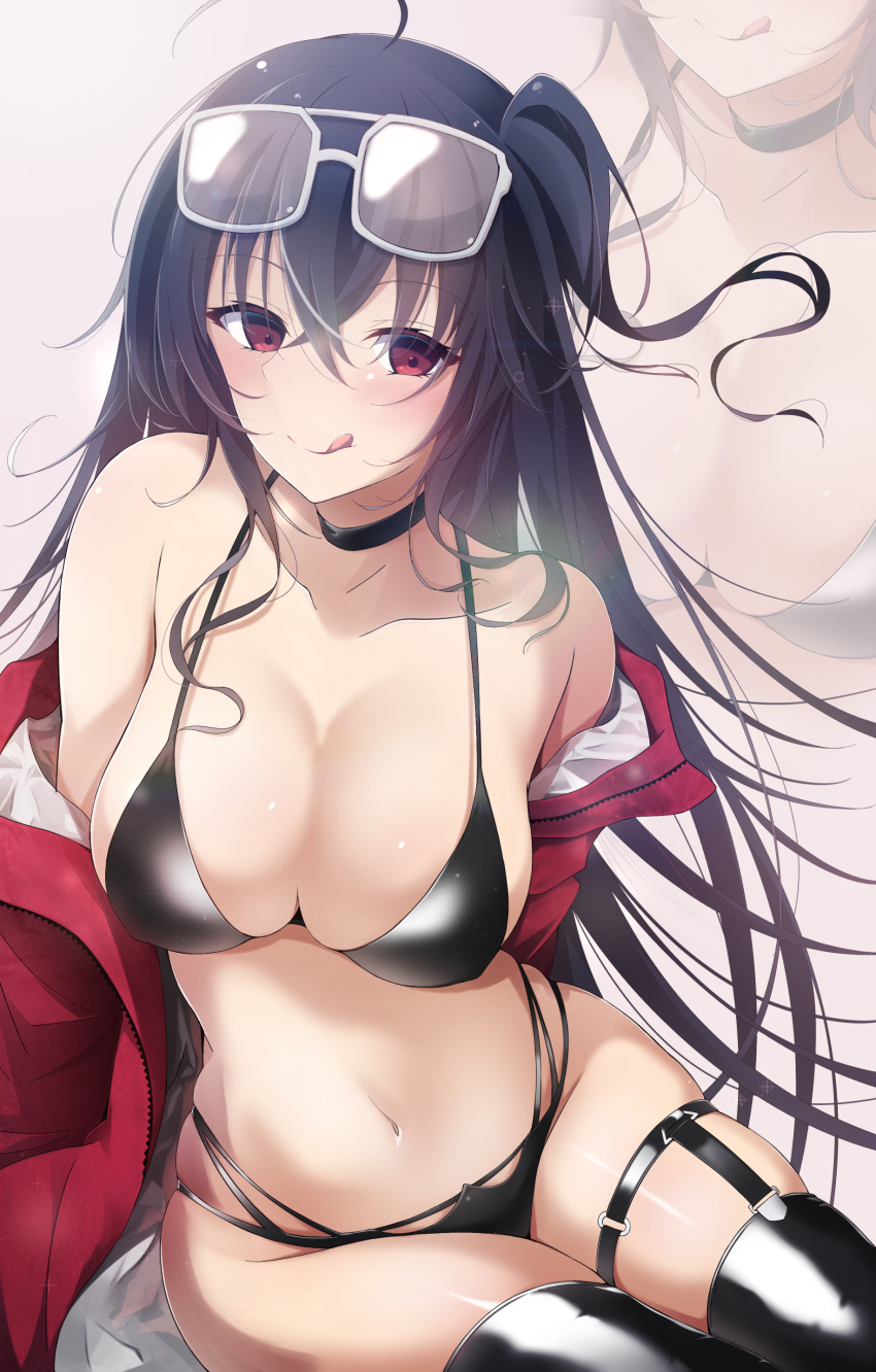 1girl, :q, absurdres, azur_lane, bare_shoulders, bikini, black_bikini, black_choker