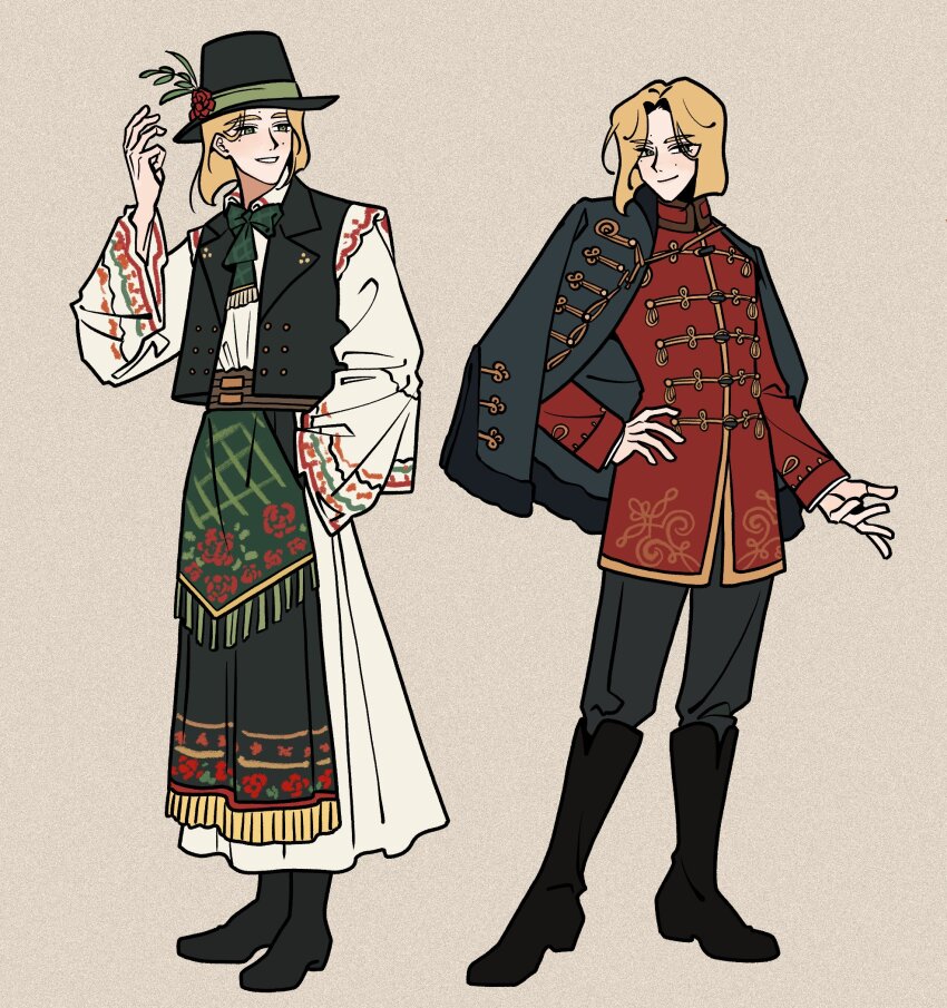 1boy, black_coat, black_hat, black_shoes, blonde_hair, boots, brown_background, closed_mouth, coat, floral_print, flower, franz_liszt, full_body, green_eyes, hair_flower, hair_ornament, hand_on_own_hip, hand_up, hat, highres, hungarian_clothes, invisible_floor, leveront_demain, long_sleeves, looking_at_viewer, looking_to_the_side, medium_hair, red_coat, rose_print, shoes, smile, solo, standing, teeth