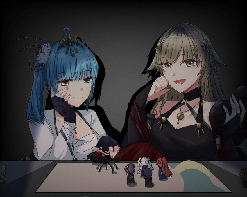 2girls, akira_blanton, antenna_hair, arm_wrap, assault_lily, bare_shoulders, black_bridal_gauntlets, black_collar
