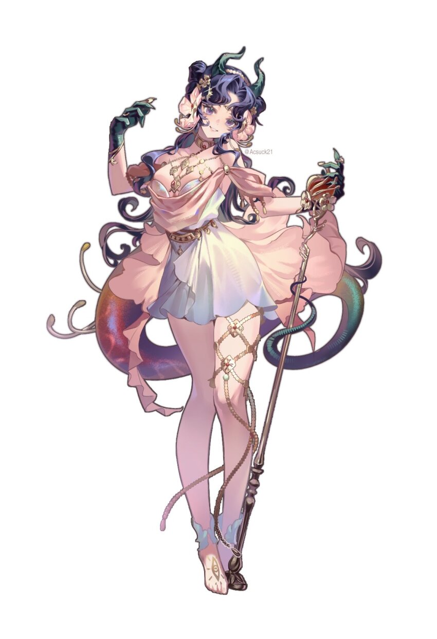 1girl, acsuck, anjo_nala, anjo_nala_(forbidden_fruit), barefoot, breasts, cleavage, demon_girl, demon_horns, dress, flower, foot_tattoo, full_body, gloves, gold_choker, gradient_tail, green_gloves, green_horns, green_tail, grin, hair_flower, hair_ornament, hands_up, highres, horns, large_breasts, lizard_tail, looking_at_viewer, official_alternate_costume, parted_bangs, pink_flower, pink_tail, pole, purple_eyes, reverse:1999, short_dress, sleeveless, sleeveless_dress, smile, solo, standing, tail, tattoo, twitter_username, white_background, white_dress