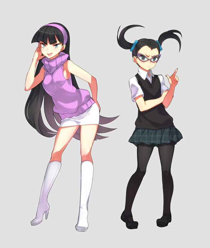 2girls, animification, bad_deviantart_id, bad_id, bare_shoulders, black_eyes, black_hair, black_socks