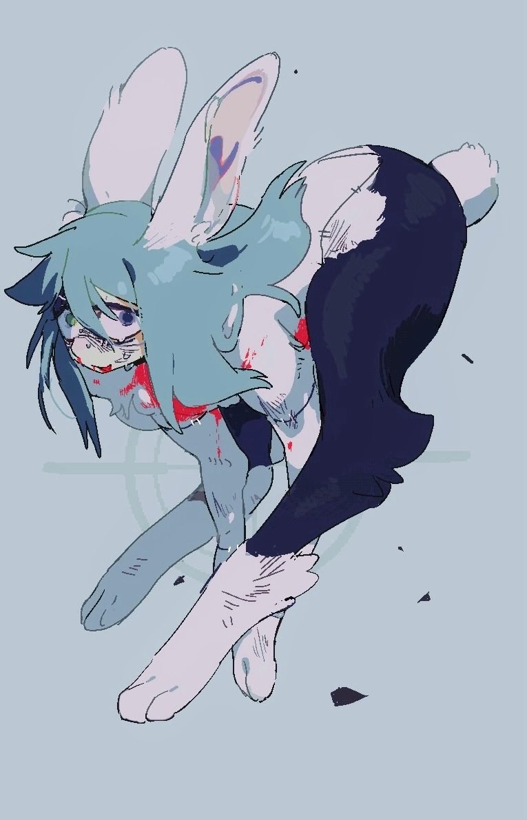 1boy, animal_ears, animalization, blood, blue_background, blue_hair, full_body, heterochromia, jujutsu_kaisen, kkrmcmc, long_hair, mahito_(jujutsu_kaisen), rabbit_boy, rabbit_ears, rabbit_paws, rabbit_tail, sanpaku, solo, stitched_arm, stitched_groin, stitches, tail, white_fur