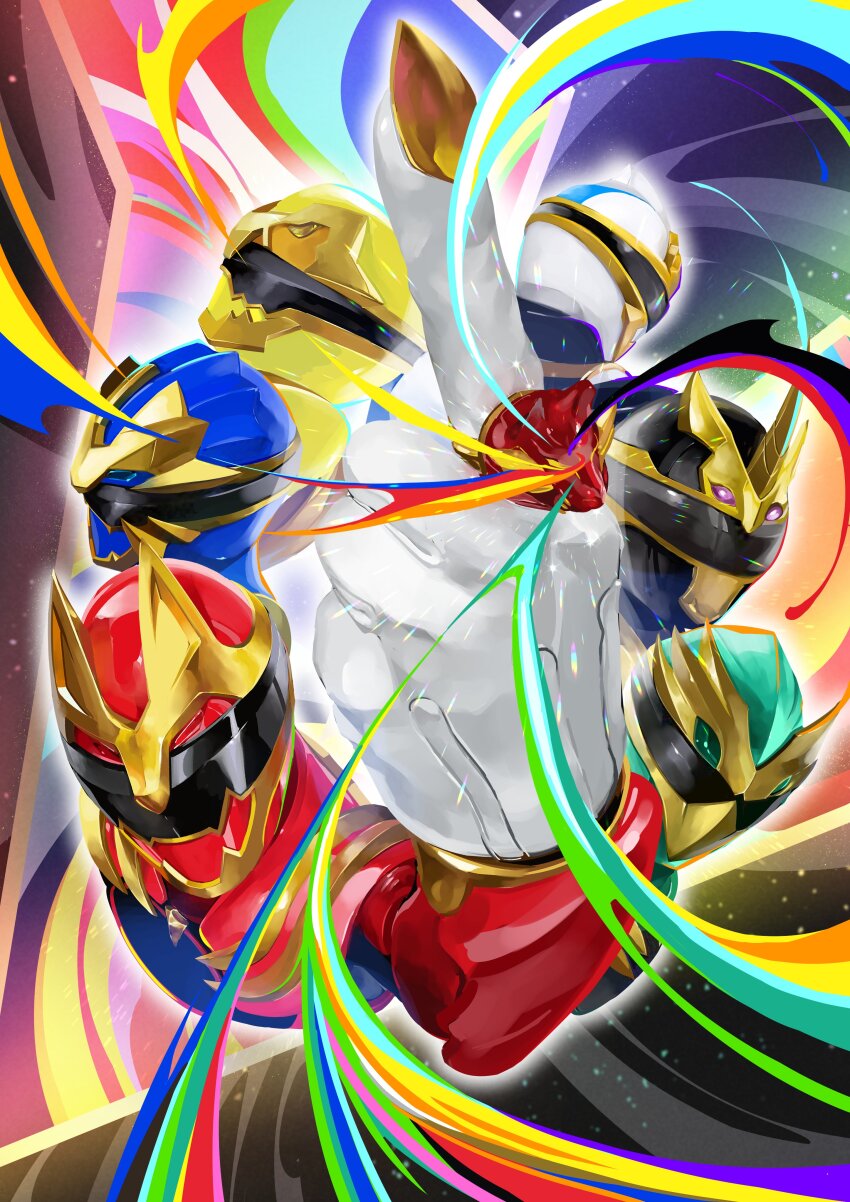 1girl, 5boys, absurdres, arm_up, armor, black_helmet, blue_helmet, commentary_request