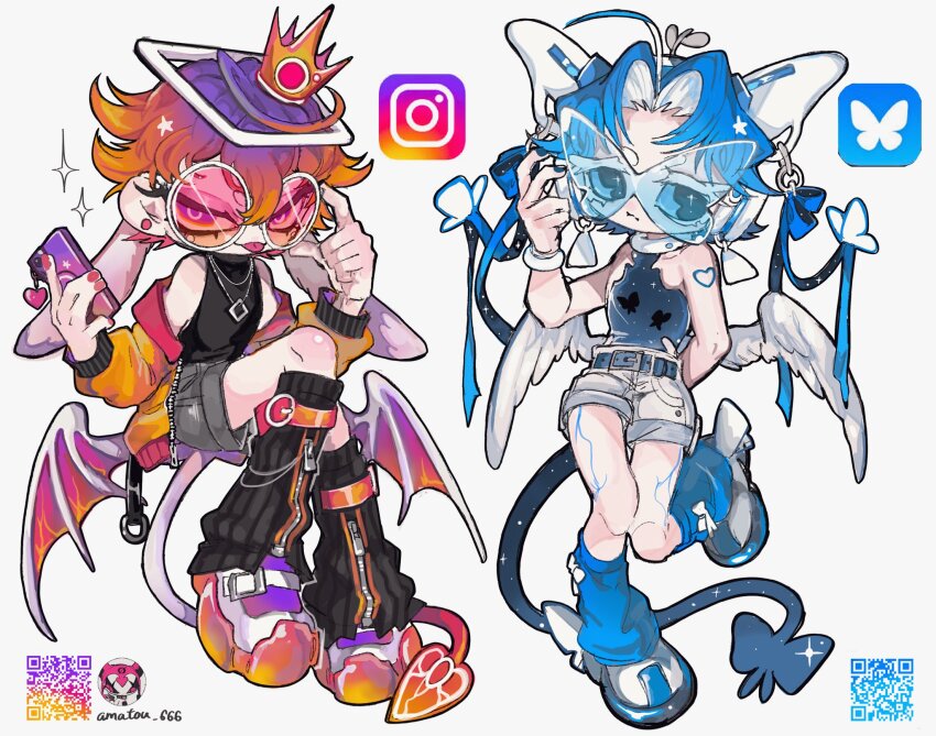 2others, ahoge, amatou_akuma, androgynous, animal_ears, belt, belted_leg_warmers, black_leg_warmers, black_shirt, blue-tinted_eyewear, blue_belt, blue_hair, blue_leg_warmers, blue_ribbon, bluesky, bluesky_logo, bug, butterfly, cellphone, colored_eyelashes, colored_inner_hair, crown, cyber_fashion, demon_tail, demon_wings, extra_ears, fashion, feathered_wings, full_body, gradient_hair, grey_shorts, hair_between_eyes, halo, highres, holding, holding_phone, insect, instagram, instagram_logo, jacket, jewelry, leg_warmers, looking_at_viewer, low_wings, multicolored_hair, multiple_others, necklace, open_clothes, open_jacket, orange_hair, orange_jacket, original, other_focus, personification, phone, purple_hair, qr_code, rabbit_ears, rectangular_halo, ribbon, ringed_eyes, shirt, shoes, short_hair, shorts, simple_background, sleeveless, sleeveless_shirt, sneakers, sparkle, standing, standing_on_one_leg, streetwear, sunglasses, tail, thick_eyelashes, tinted_eyewear, tongue, tongue_out, white_background, white_eyelashes, white_hair, white_shoes, white_shorts, wings, zipper