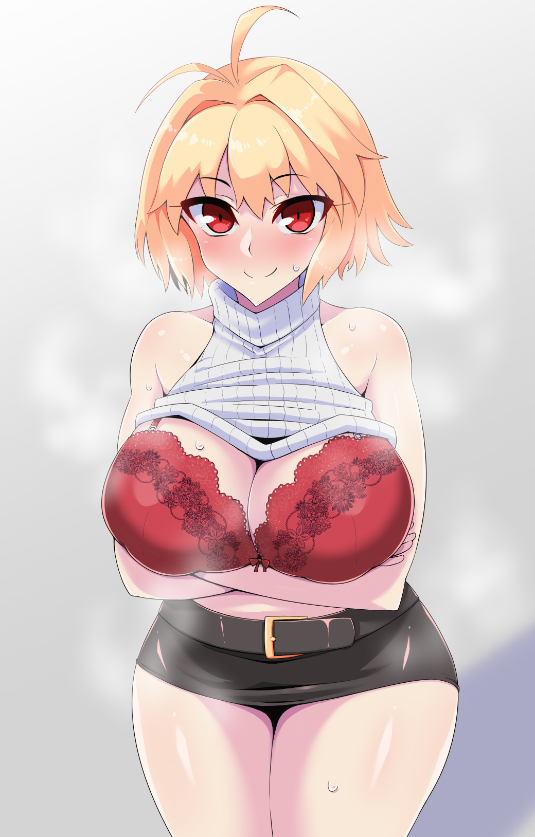 1girl, ahoge, alternate_breast_size_(larger), alternate_costume, arcueid_brunestud, belt, black_skirt, blonde_hair, blush, bra, breasts, commentary_request, crossed_arms, hair_intakes, highres, huge_breasts, large_breasts, looking_at_viewer, miniskirt, red_bra, red_eyes, short_hair, sippori, skirt, sleeveless, sleeveless_turtleneck, smile, solo, steam, sweat, sweater, thick_thighs, thighs, tsukihime, turtleneck, turtleneck_sweater, underwear