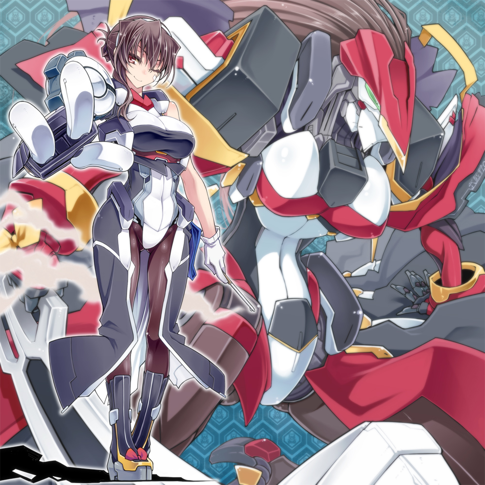 1girl, boots, breasts, brown_eyes, brown_hair, gloves, hexagon, jizurisuzaku, kodama_yuu, kyoukaisenjou_no_horizon, mecha, mechanical, naomasa_(horizon), one_eye_closed, pantyhose, robot, wink