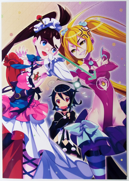 10s, 3girls, anger_vein, anri_airi, arrow_(symbol), asuka_yuuri, bare_shoulders, black_hair