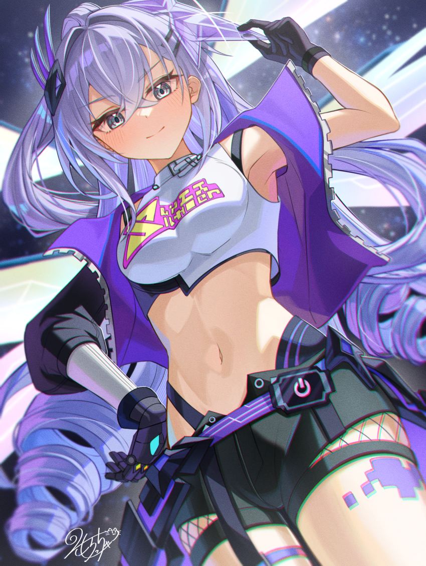 1girl, black_gloves, black_shorts, breasts, clothes_writing, commentary_request, crop_top, drill_hair