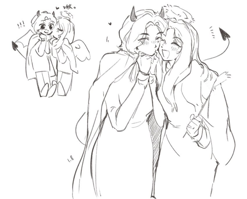 2girls, :3, :d, ^_^, angel, angel_and_devil, animification, bae_(nmixx)