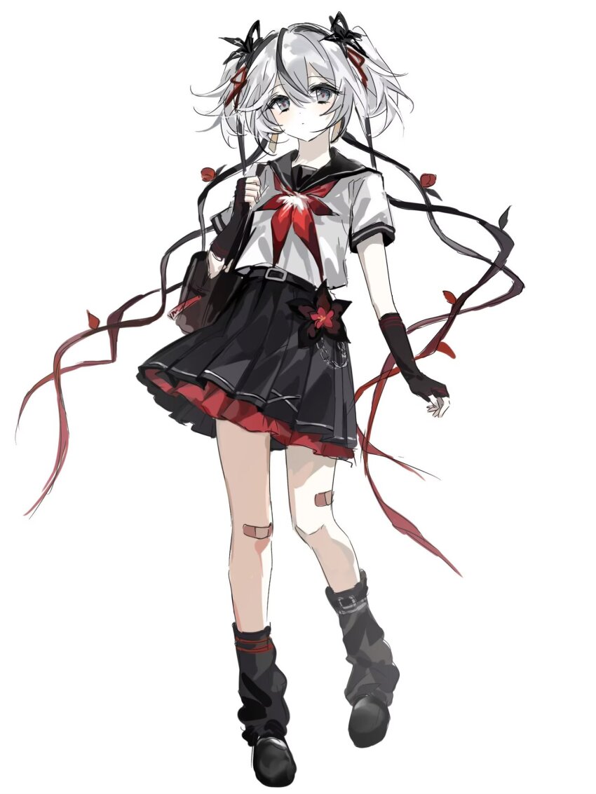 1girl, bag, belt, black_belt, black_gloves, black_hair, black_leg_warmers, black_sailor_collar