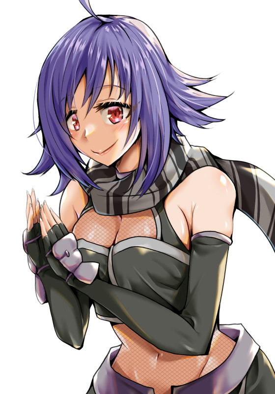 1girl, ahoge, breasts, cleavage, closed_mouth, commentary_request, farleen, fingerless_gloves, fishnets, flipped_hair, gloves, narigaya, navel, purple_hair, scarf, short_hair, simple_background, smile, solo, star_ocean, star_ocean:_till_the_end_of_time, striped_clothes, striped_scarf, white_background