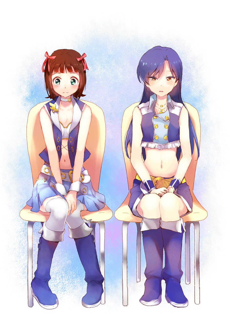 2girls, amami_haruka, bad_id, bad_pixiv_id, blue_hair, boots, brown_hair, chair