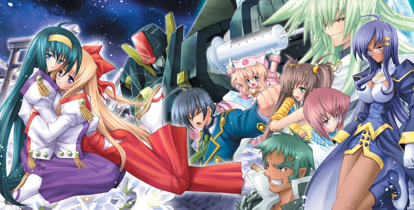 00s, 3boys, 6+girls, absurdres, ahoge, arm_warmers, blonde_hair, blue_hair