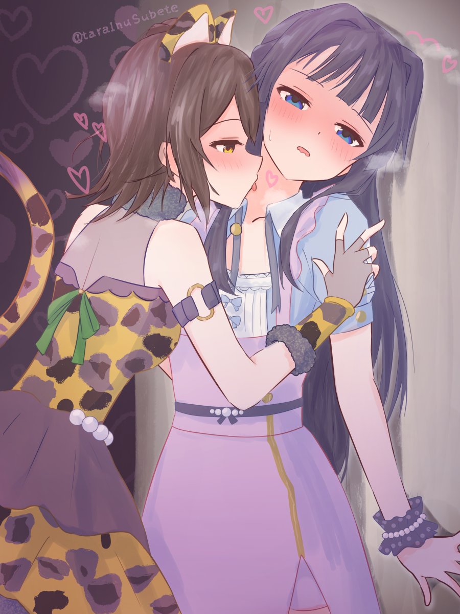2girls, arm_strap, blue_eyes, blush, bracelet, brown_hair, commentary_request, dress, fingerless_gloves, gaogao_leopard_(idolmaster), gloves, grey_gloves, heart, highres, idolmaster, idolmaster_million_live!, jewelry, kasuga_mirai, licking, licking_another's_neck, mogami_shizuka, multiple_girls, parted_lips, pure_mine_lady_(idolmaster), purple_dress, purple_hair, tarainusubete, twitter_username, yellow_eyes, yuri