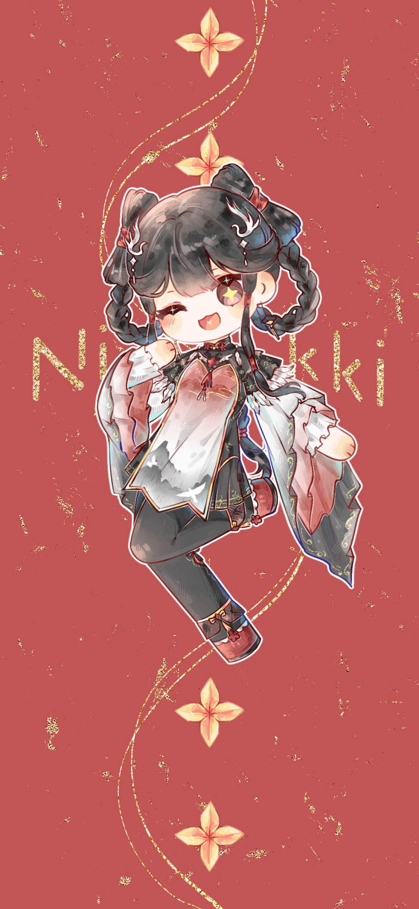 1girl, absurdres, black_dress, black_hair, black_pantyhose, bling_(infinity_nikki), blunt_bangs, boots