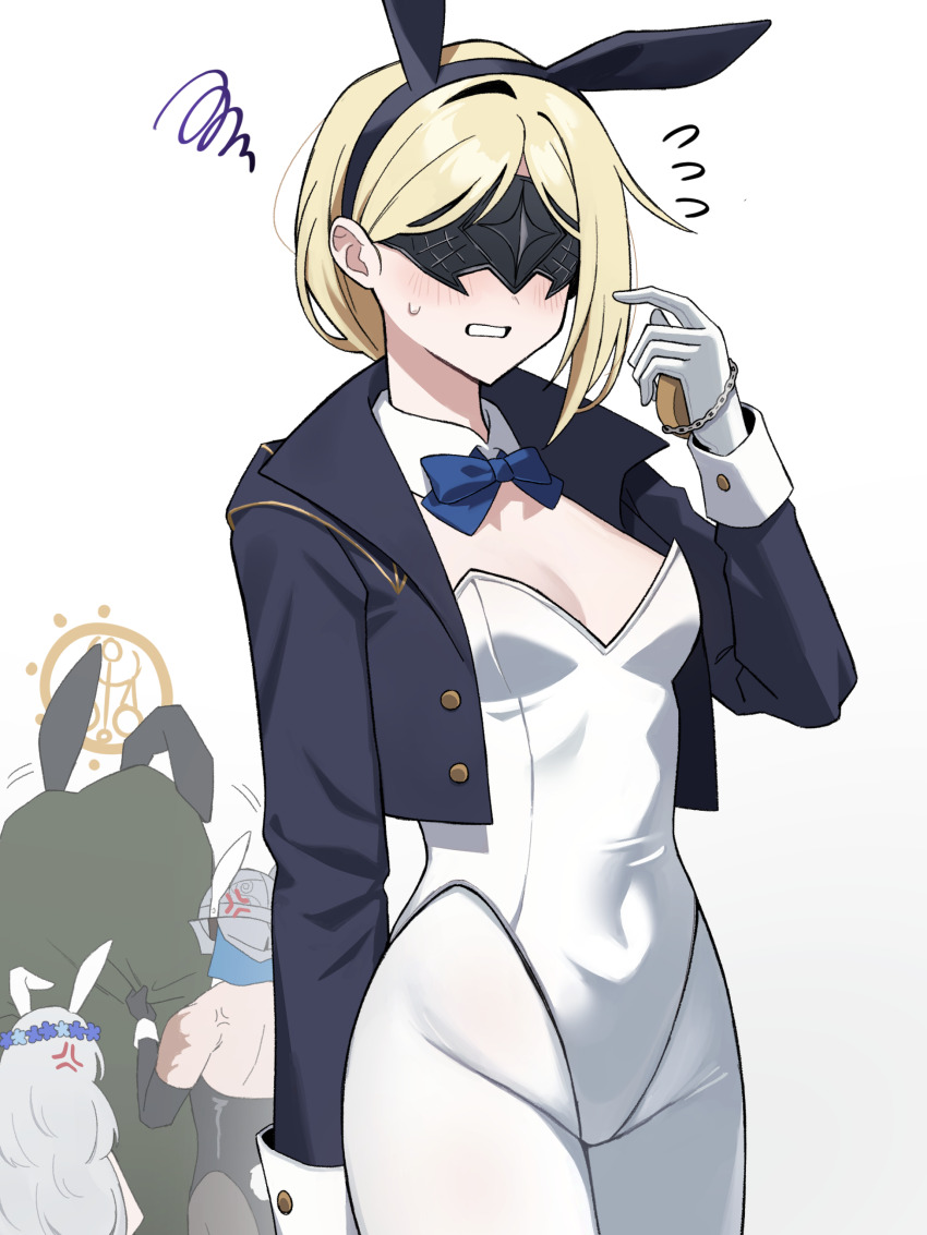 1boy, 1other, 2girls, absurdres, anger_vein, animal_ear_hairband, animal_ears, ass