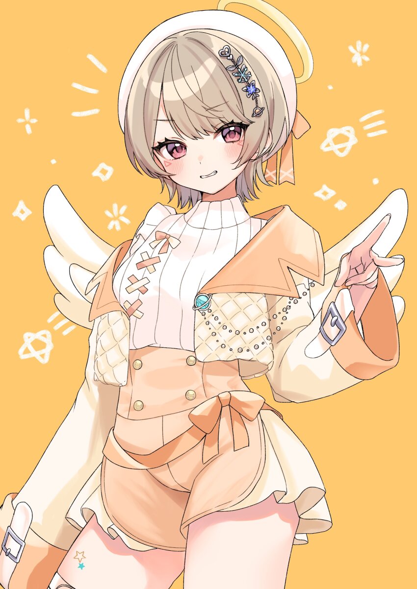 1girl, absurdres, blonde_hair, blush, commentary_request, cropped_jacket, facial_mark, gomadan, hair_ornament, halo, hat, highres, jacket, komori_met, komori_met_(7th_costume), looking_at_viewer, notice_lines, open_clothes, open_jacket, orange_background, pink_eyes, shirt, solo, star_(symbol), v, virtual_youtuber, vspo!, white_hat, white_shirt, wings