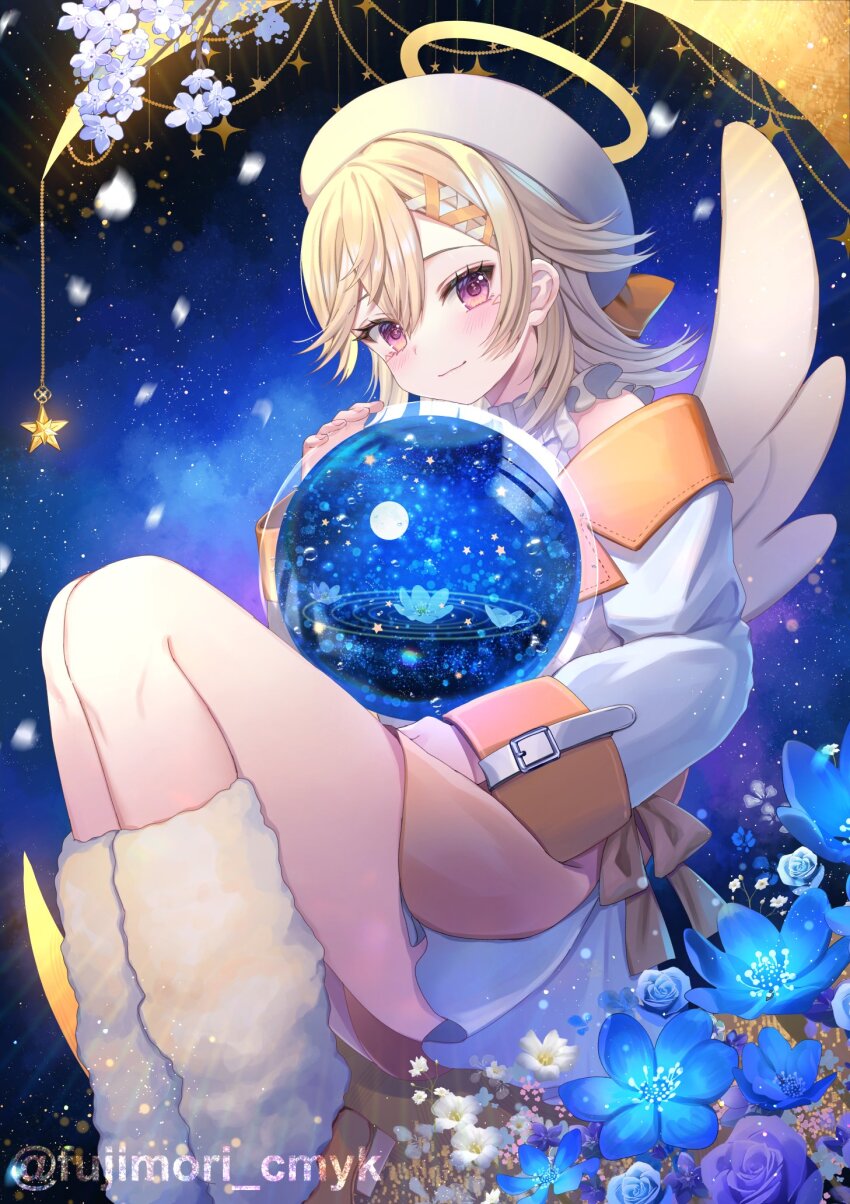 1girl, blonde_hair, blue_flower, blush, closed_mouth, commentary, english_commentary, facial_mark