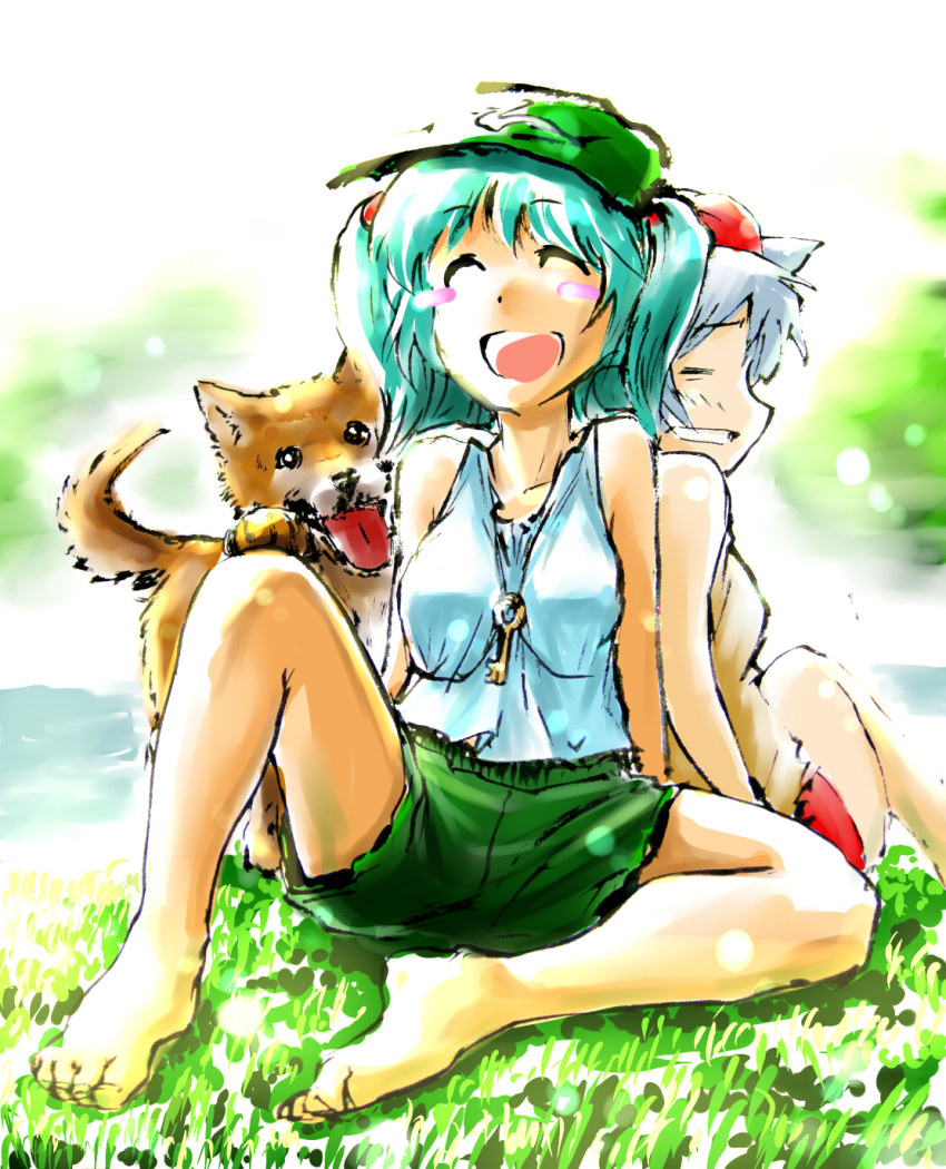 2girls, alternate_costume, animal, back-to-back, bare_legs, barefoot, blue_hair, casual