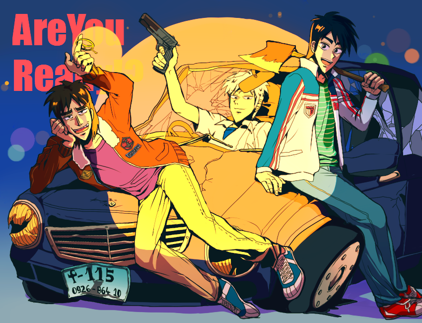 3boys, akagi, akagi:_yami_ni_oritatta_tensai, akagi_shigeru, axe, black_hair, car, crossover