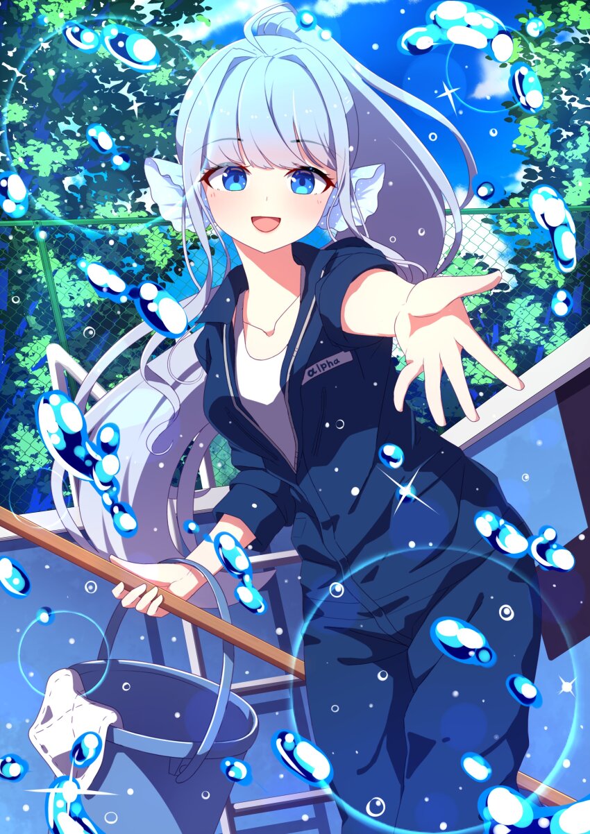 1girl, :d, absurdres, ahoge, alpha_betta_(vtuber), black_boots, blue_eyes, blue_hair